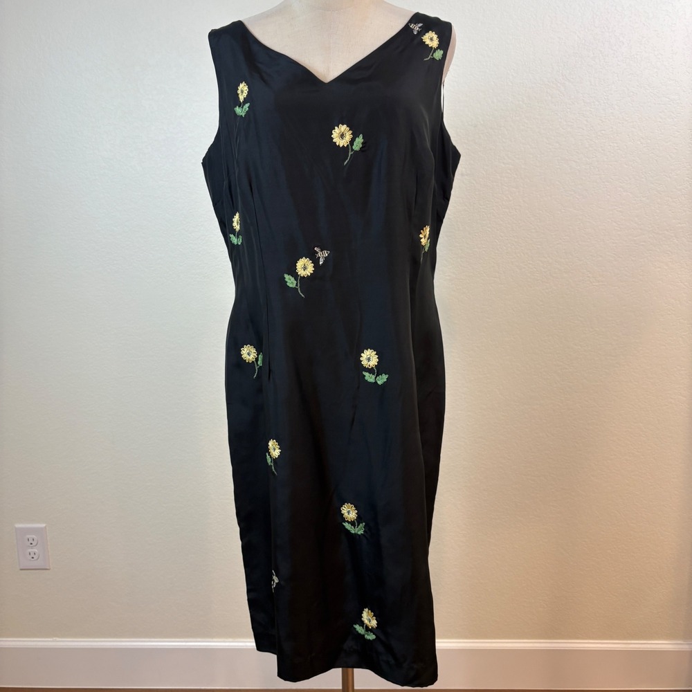 Studio I Sheath Dress Womens 14 Black Silk Sunflower Bee Embroidered Whimsical